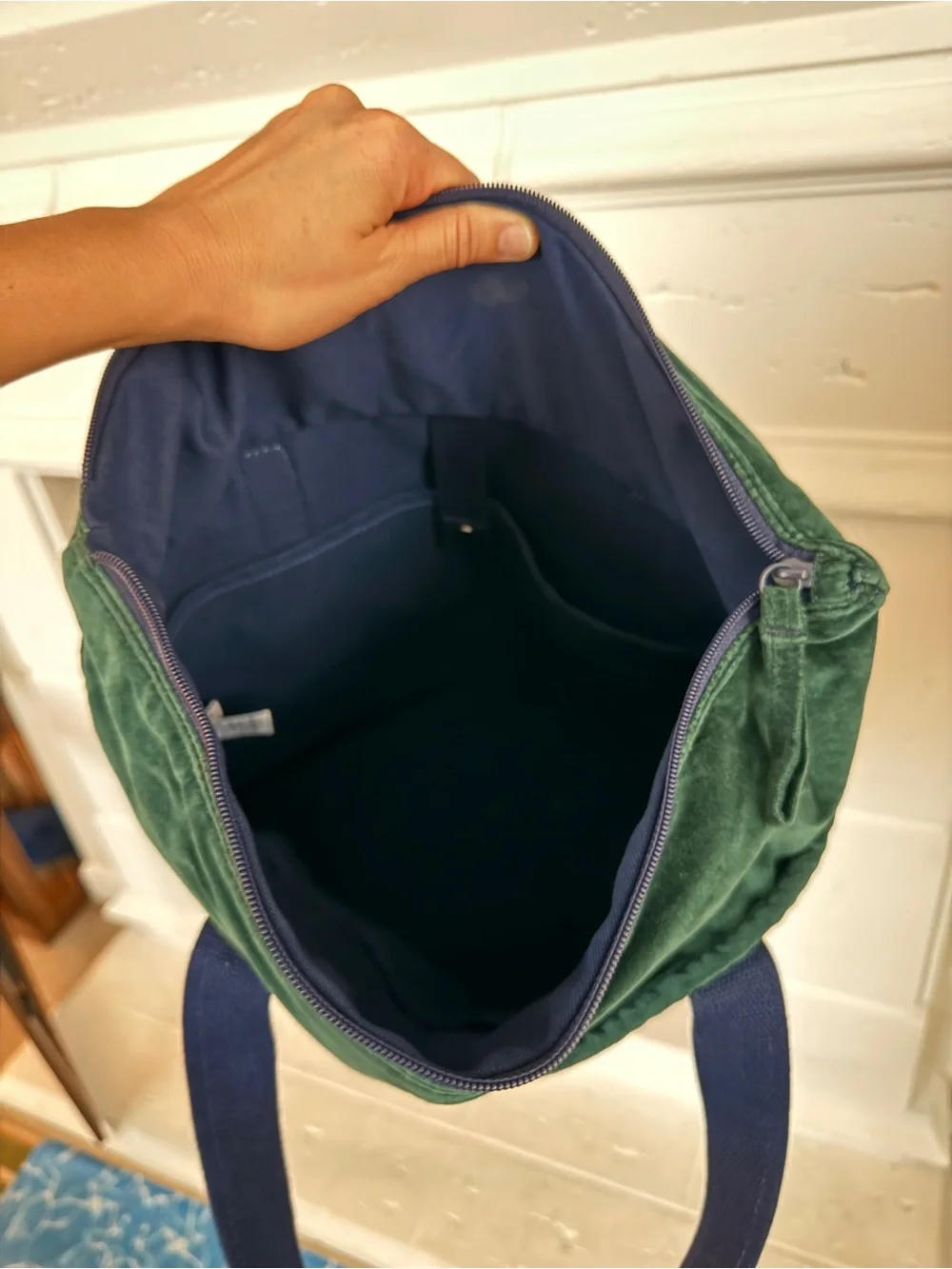 Lands' End Deep Balsam Velvet Medium Zippered Tote Bag with Navy Straps